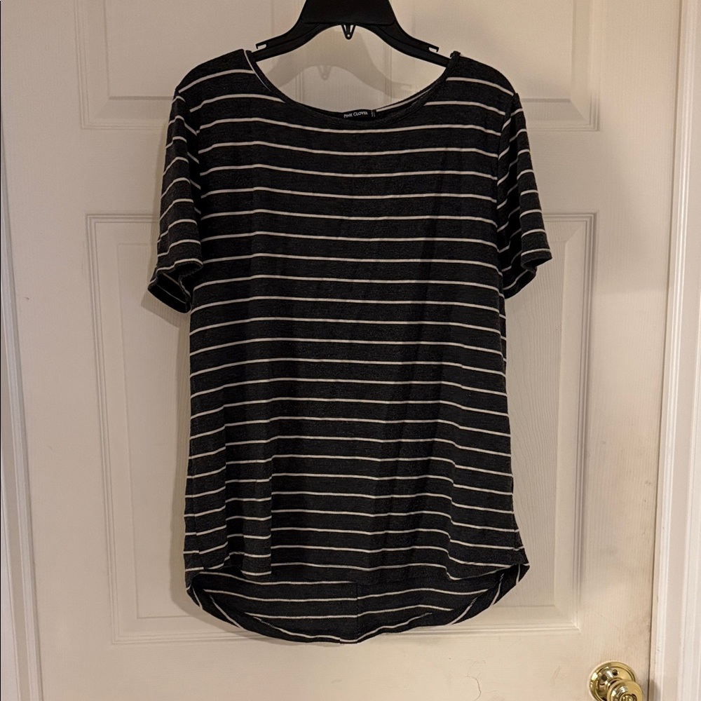 Pink Clover Dark Gray and Cream Striped Tee